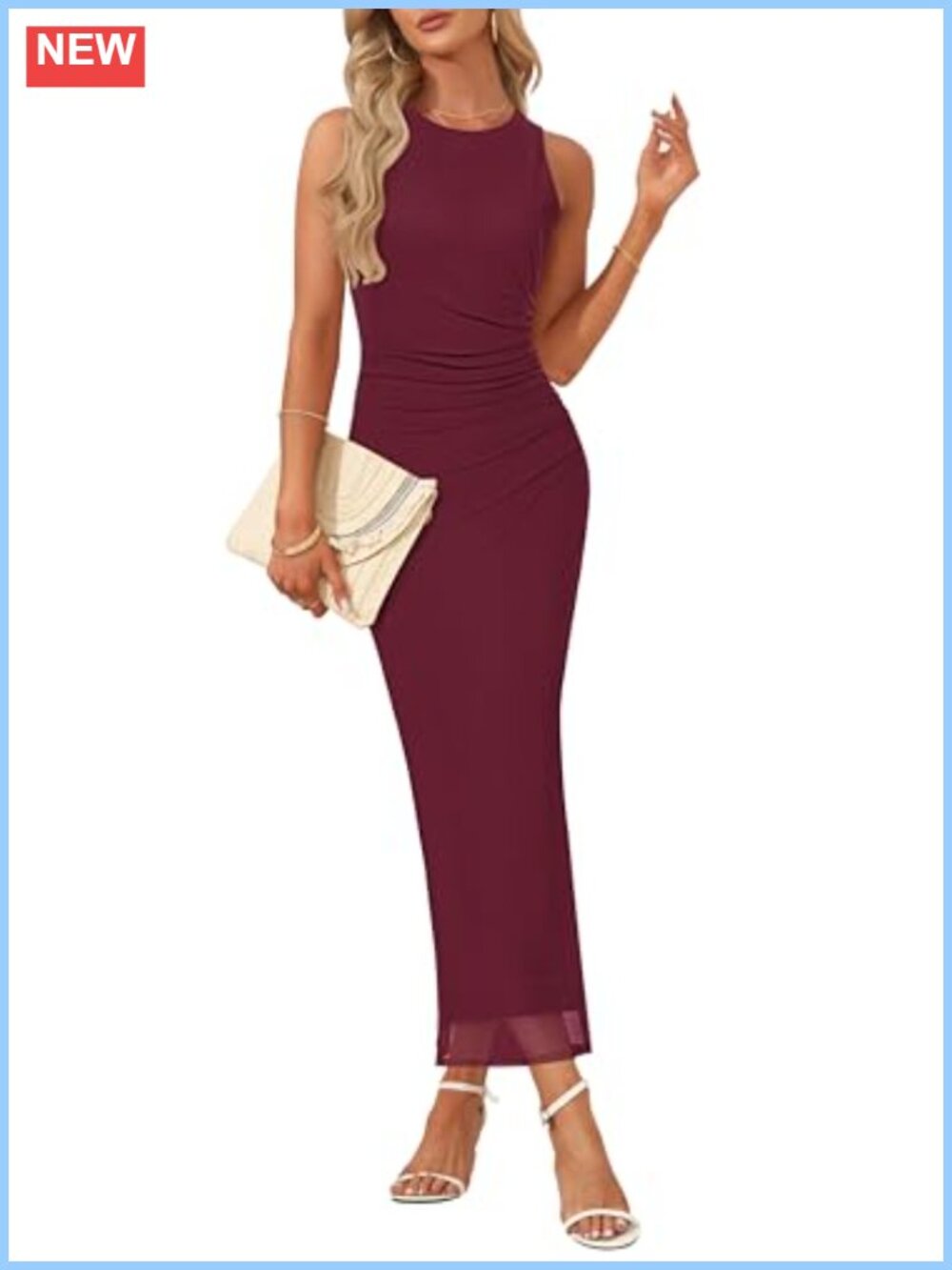 Maxi Bodycon Dress Sleeveless Mesh Slit Ruched Wedding Guest